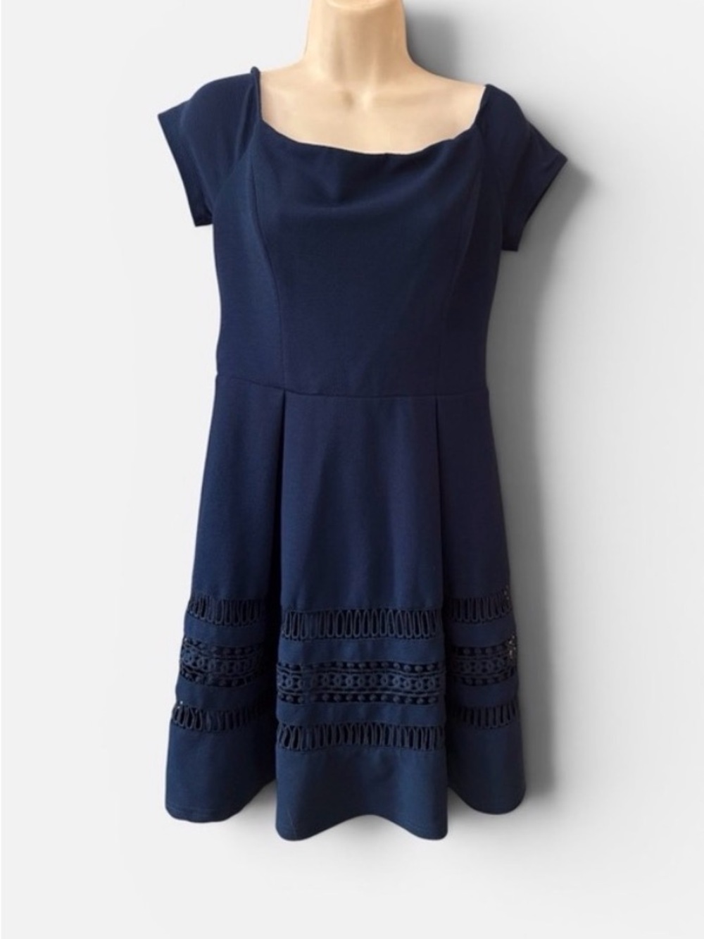 Navy Short-Sleeve Fit & Flare Dress